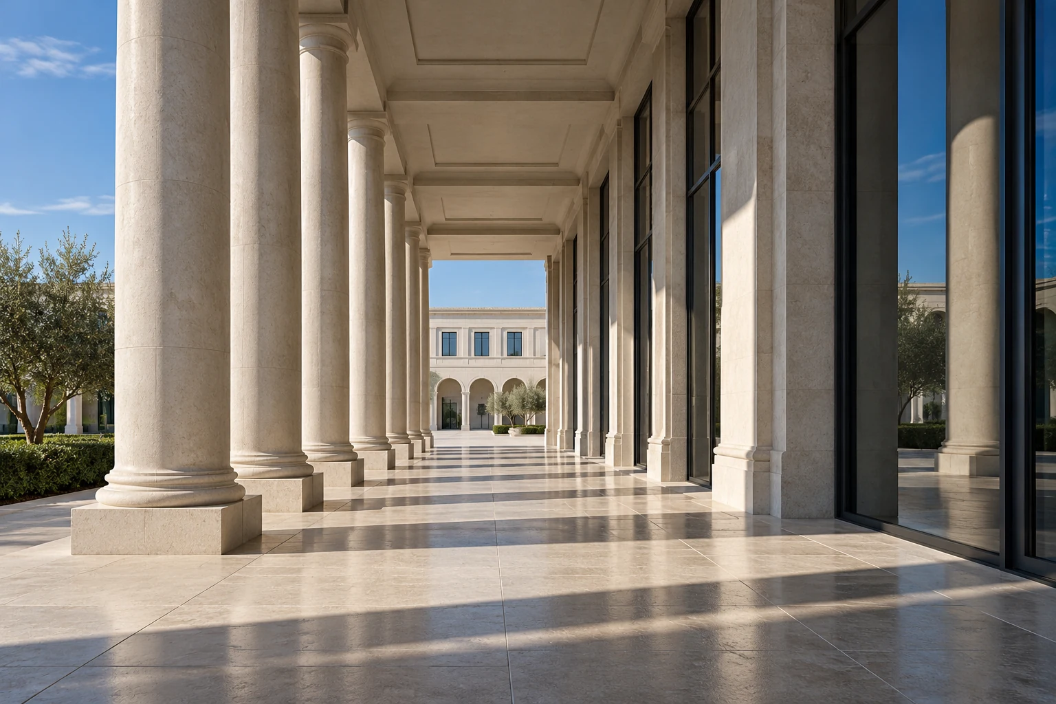 Licht und Schatten in einem hellen steinernen Säulengang – KI-generiertes Architektursymbolbild
